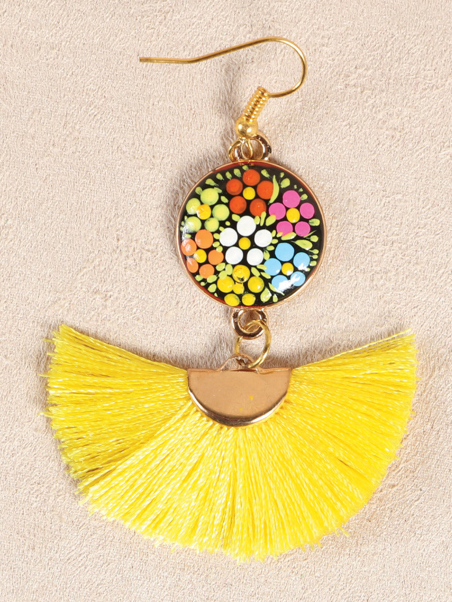 Artisanal Hand Painted Earrings Wood Silk Thread Yellow
