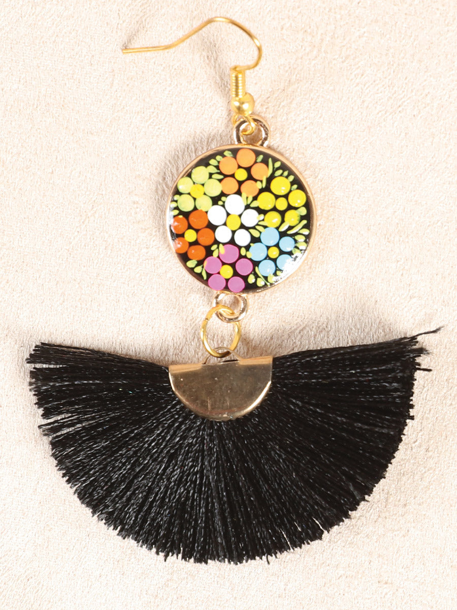 Artisanal Hand Painted Earrings Wood Silk Thread Black
