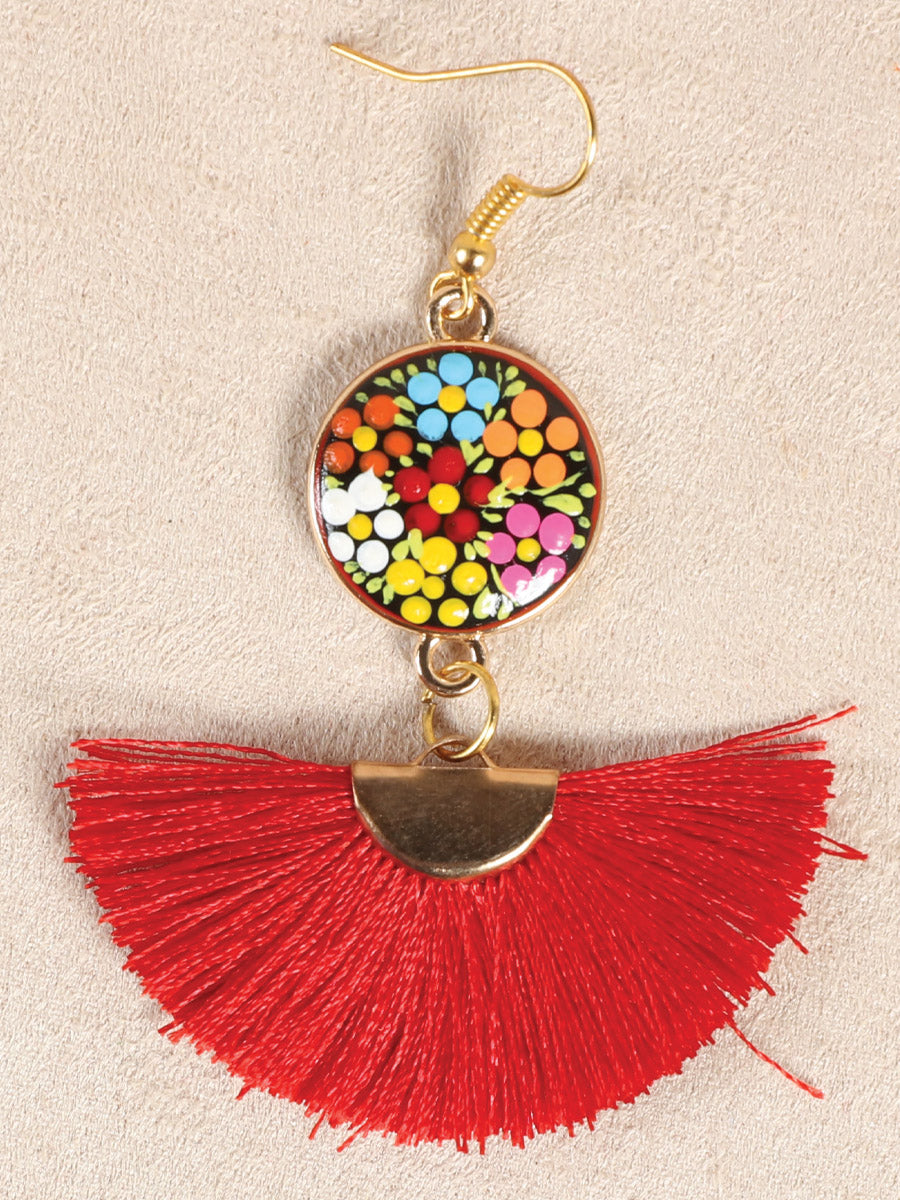 Artisanal Hand Painted Earrings Wood Silk Thread Red