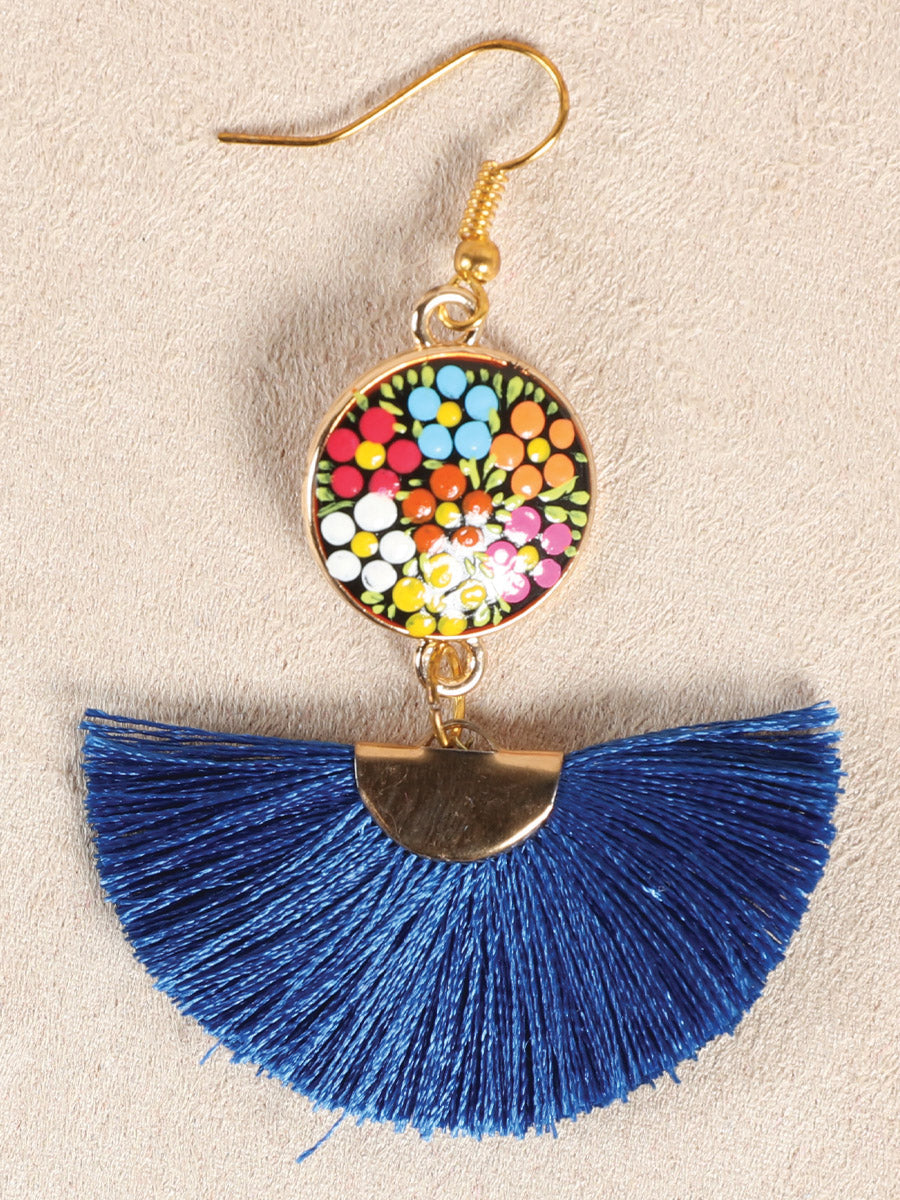 Artisanal Hand Painted Earrings Wood-Silk Thread Royal Blue