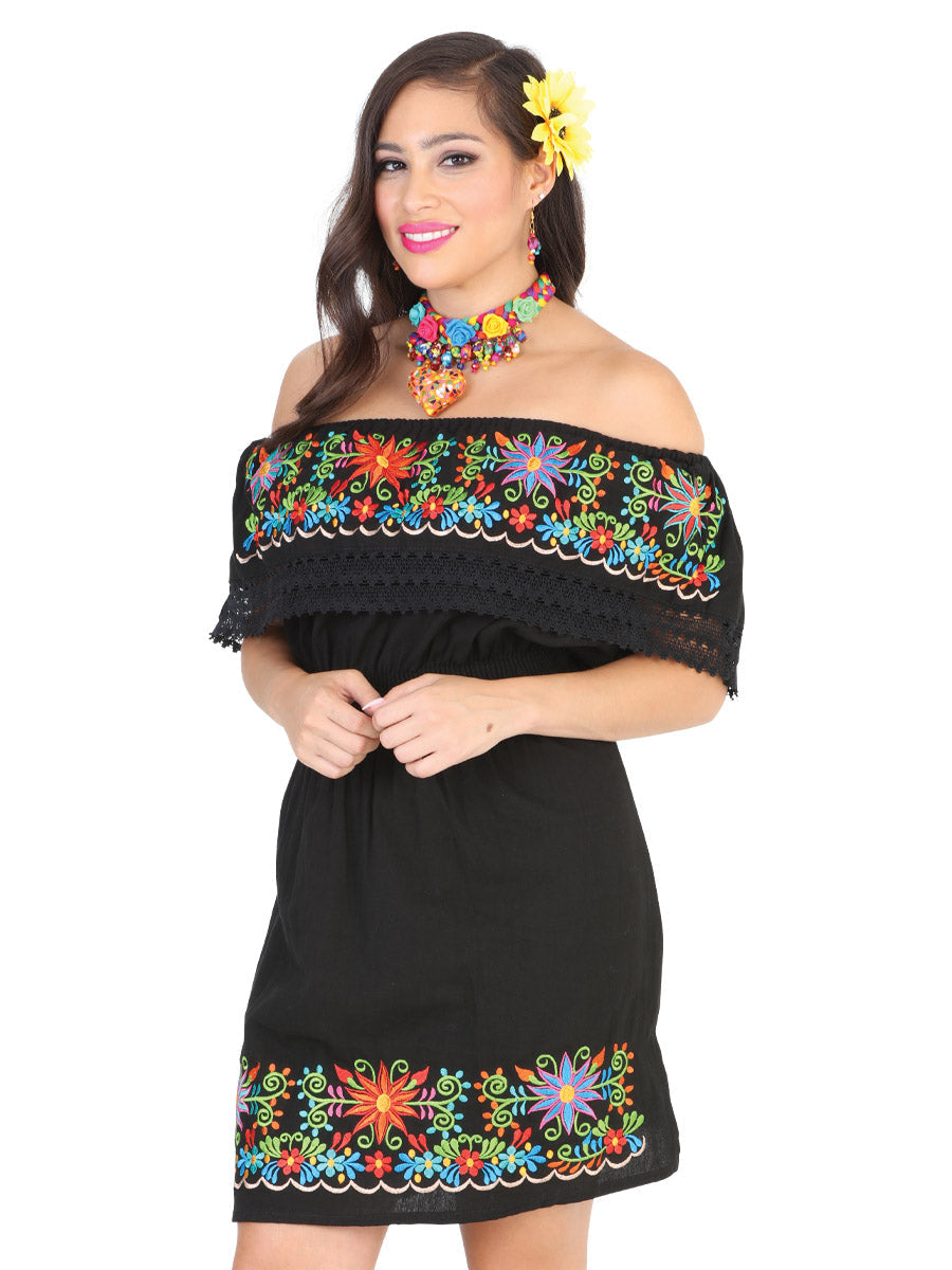 Artisanal Embroidered Dress Cotton Black with Flowers