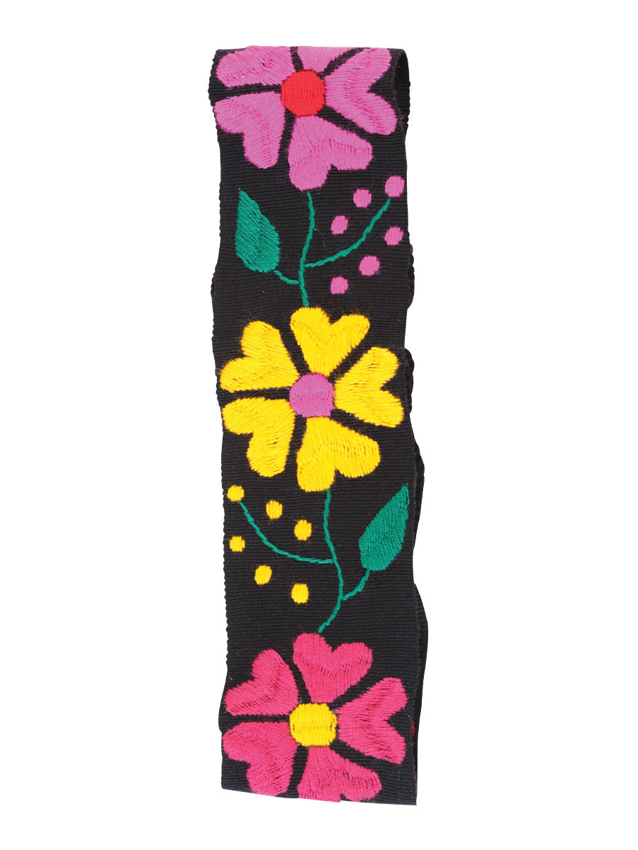 Artisanal Embroidered Belt Floral Acrylic Black