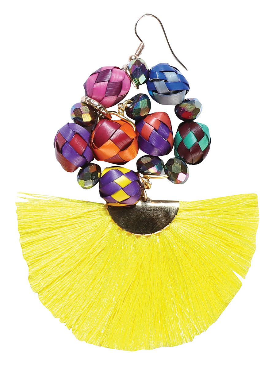 Artisanal Handcrafted Earrings Palm Silk Thread Yellow