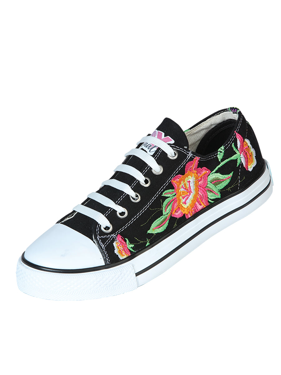 Artisanal Embroidered Sneakers Textile Canvas Black