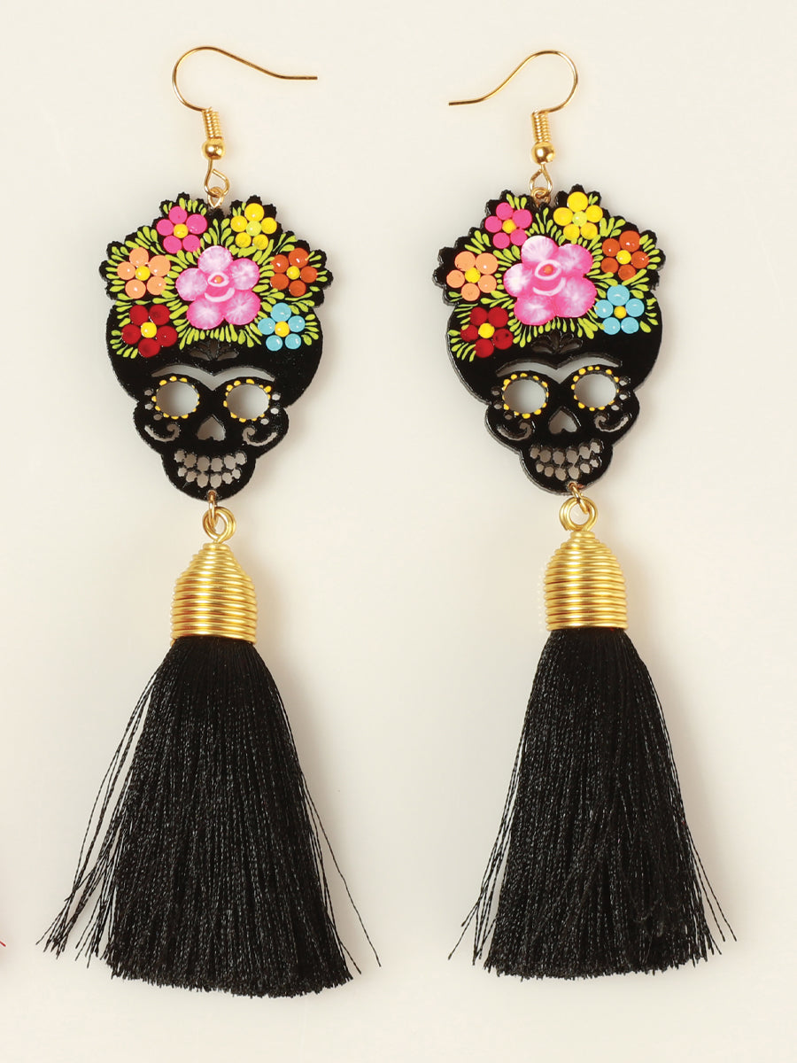 Artisanal Hand Painted Earrings Wood Silk Thread Black