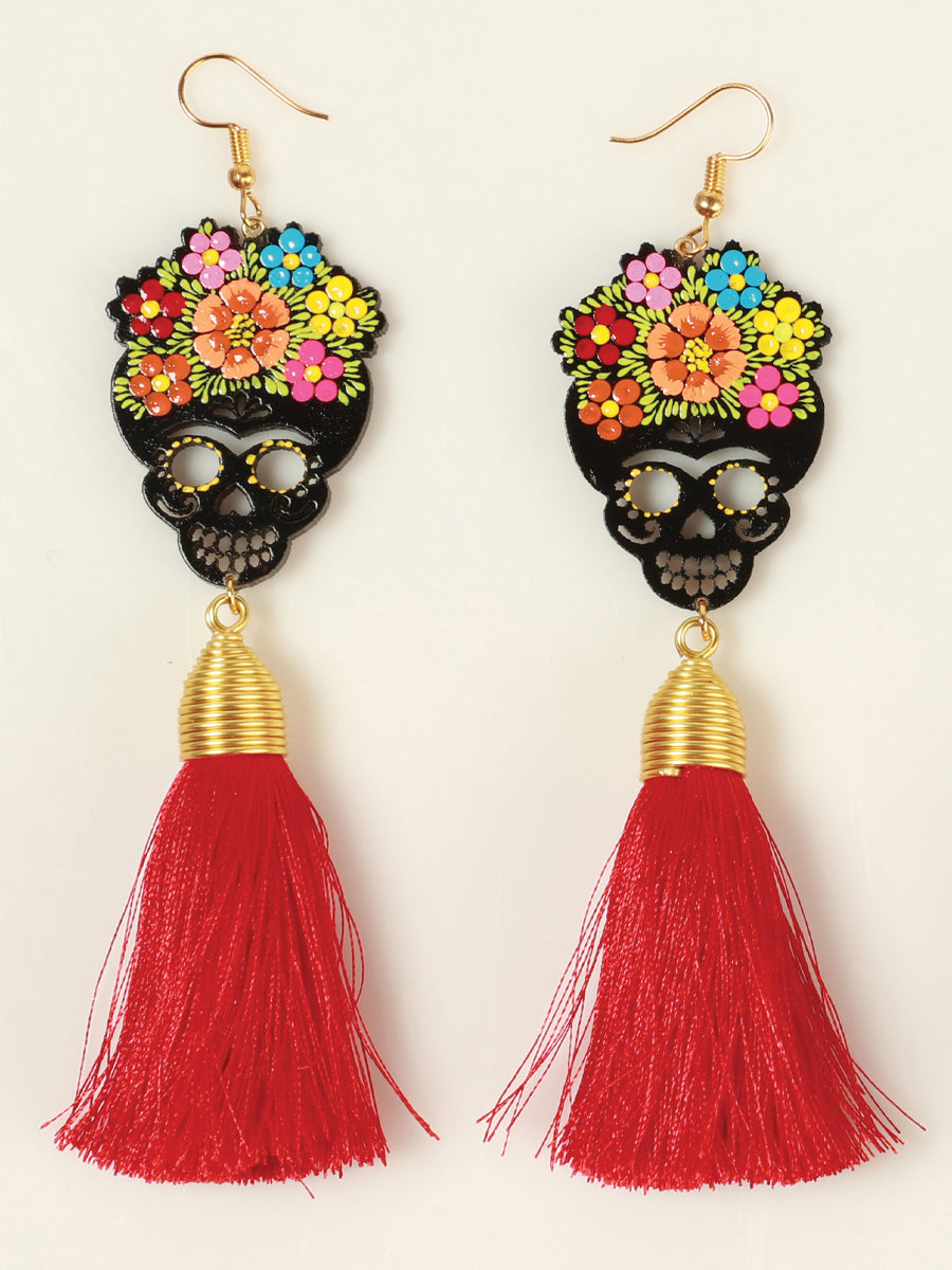 Artisanal Hand Painted Earrings Wood-Silk Thread Red