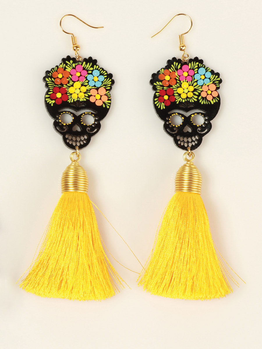 Artisanal Hand Painted Earrings Wood Silk Thread Yellow