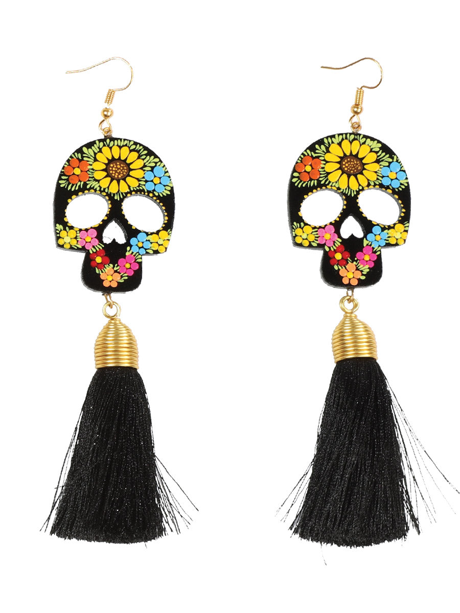 Artisanal Hand Painted Earrings Wood Silk Thread Black