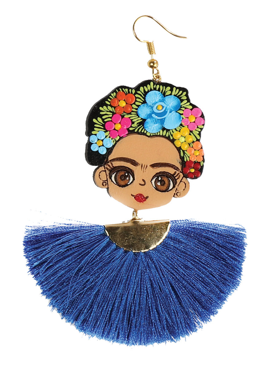 Artisanal Hand Painted Earrings Wood Silk Thread Royal Blue
