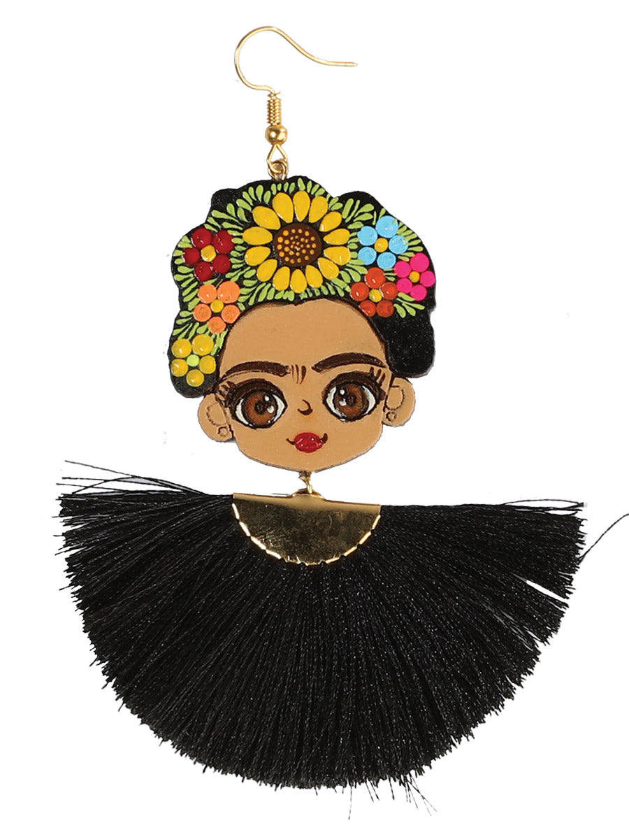 Artisanal Hand Painted Earrings Wood-Silk Thread Black