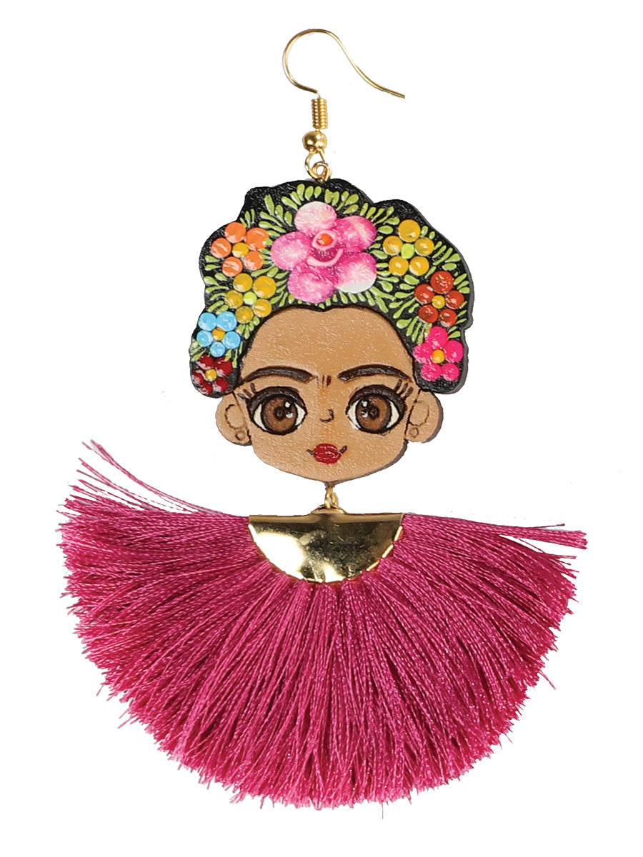 Artisanal Hand Painted Earrings Wood Silk Thread Fuchsia