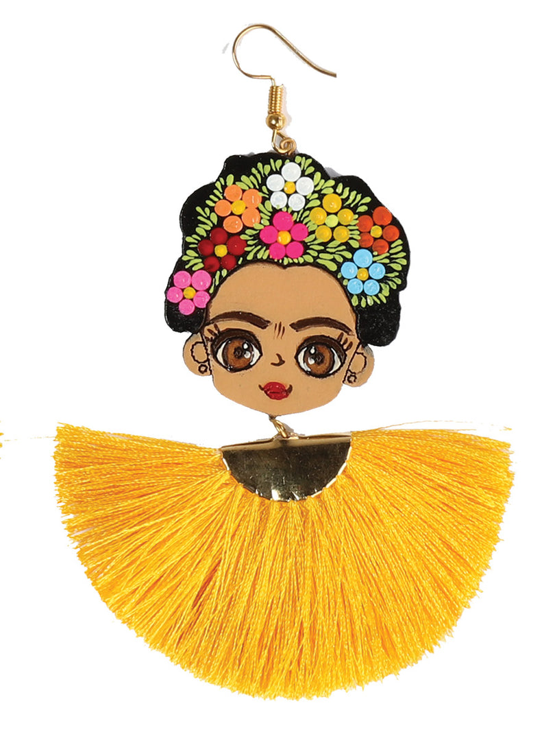 Artisanal Hand Painted Earrings Wood Silk Thread Yellow