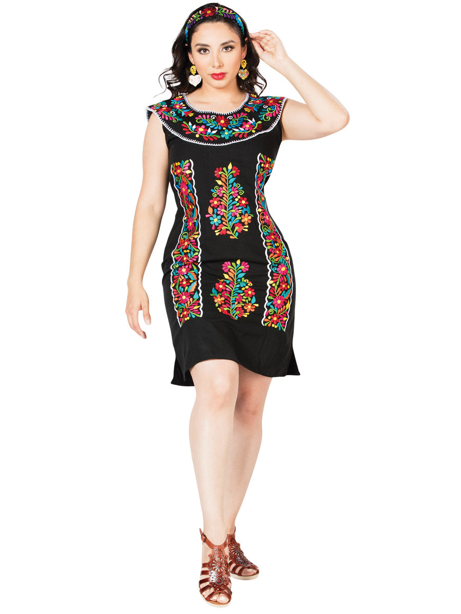 Mexican Artisanal Embroidered Dress Black Flowers