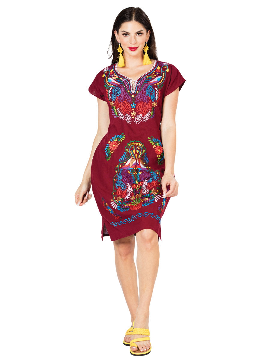 Artisanal Embroidered Dress 100% Cotton Wine 603095 Artisanal Embroidered Dress 100% Cotton Wine 603095