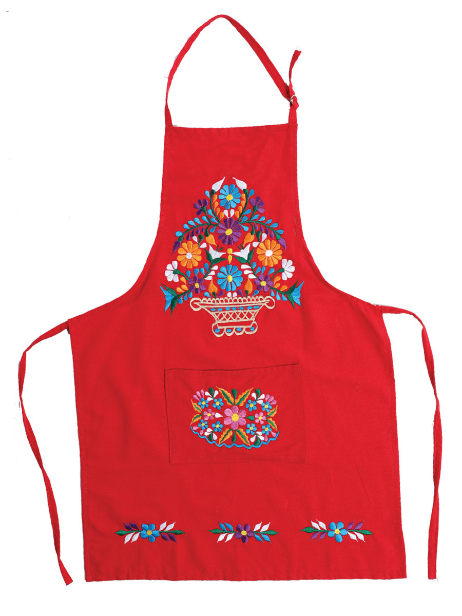 Mexican Artisanal Embroidered Apron Cotton Red