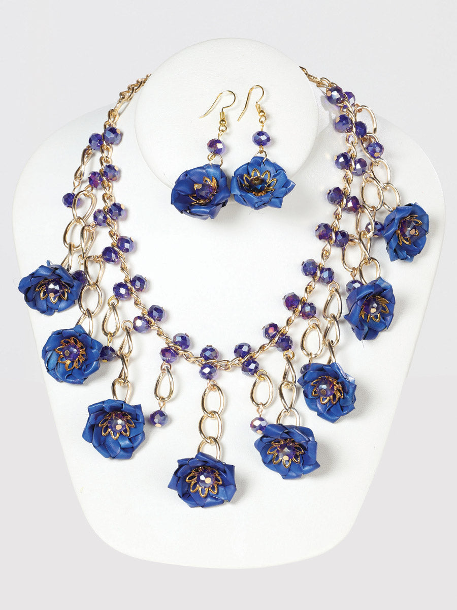 Artisanal Set Earrings Necklace Palm Silk Thread Royal Blue