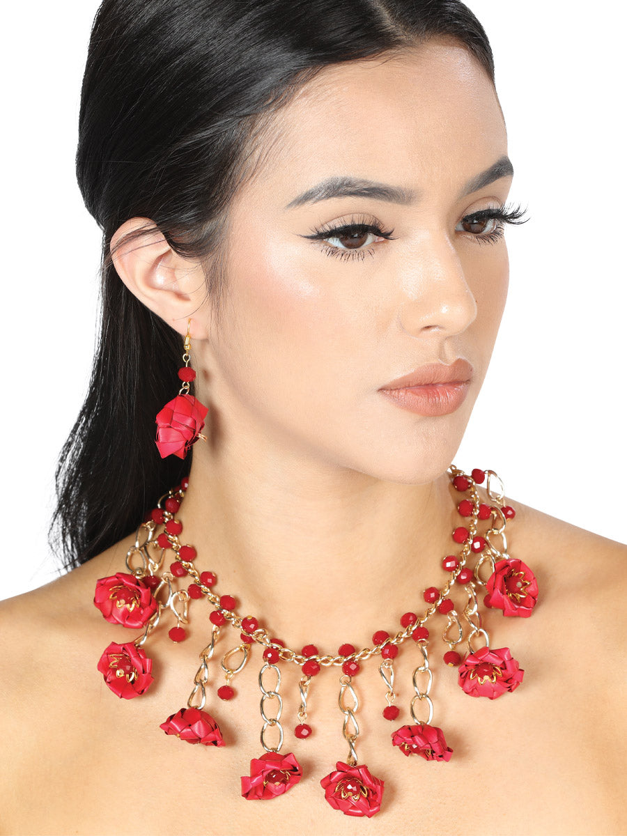 Artisanal Set Earrings Necklace Palm Silk Thread Red