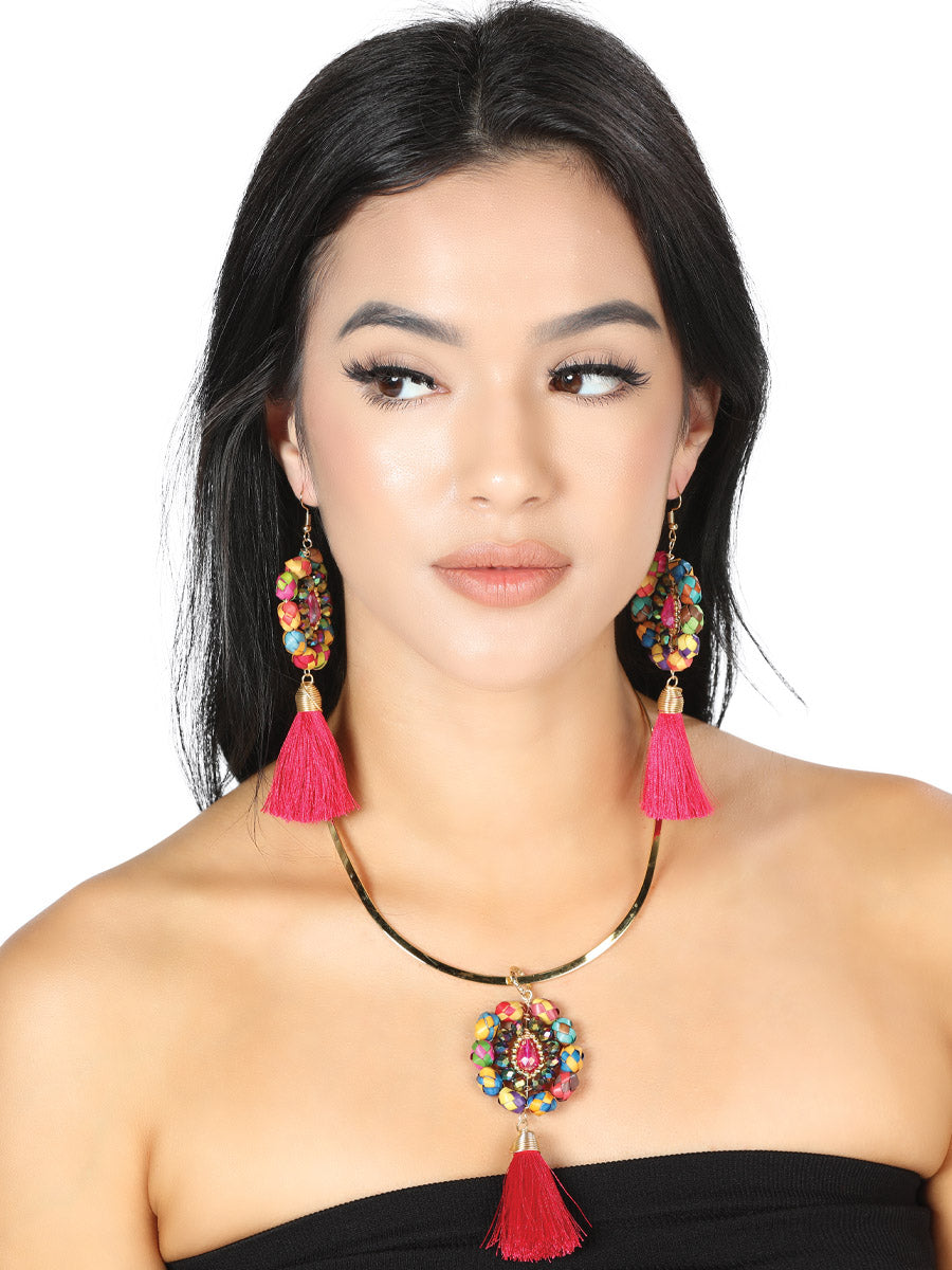 Artisanal Set Earrings Necklace Palm Silk Thread Fuchsia