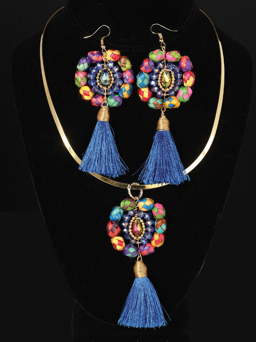 Artisanal Set Earrings and Necklace Palm Silk Thread Royal Blue