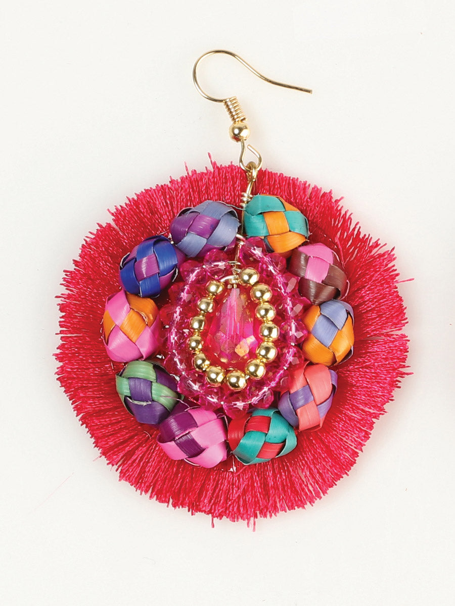 Artisanal Handcrafted Earrings Palm Silk Thread Fuchsia