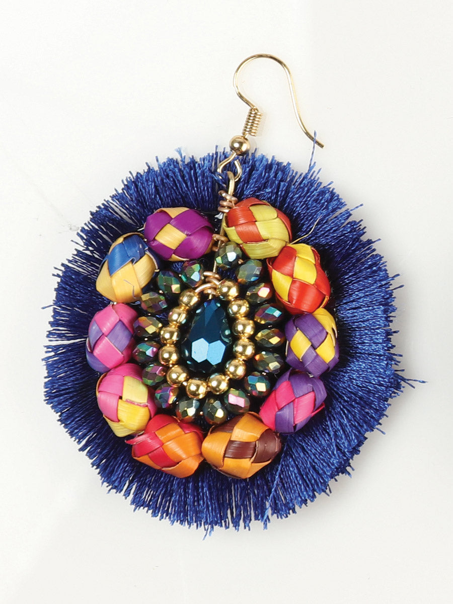 Artisanal Handcrafted Earrings Palm Silk Thread Royal Blue
