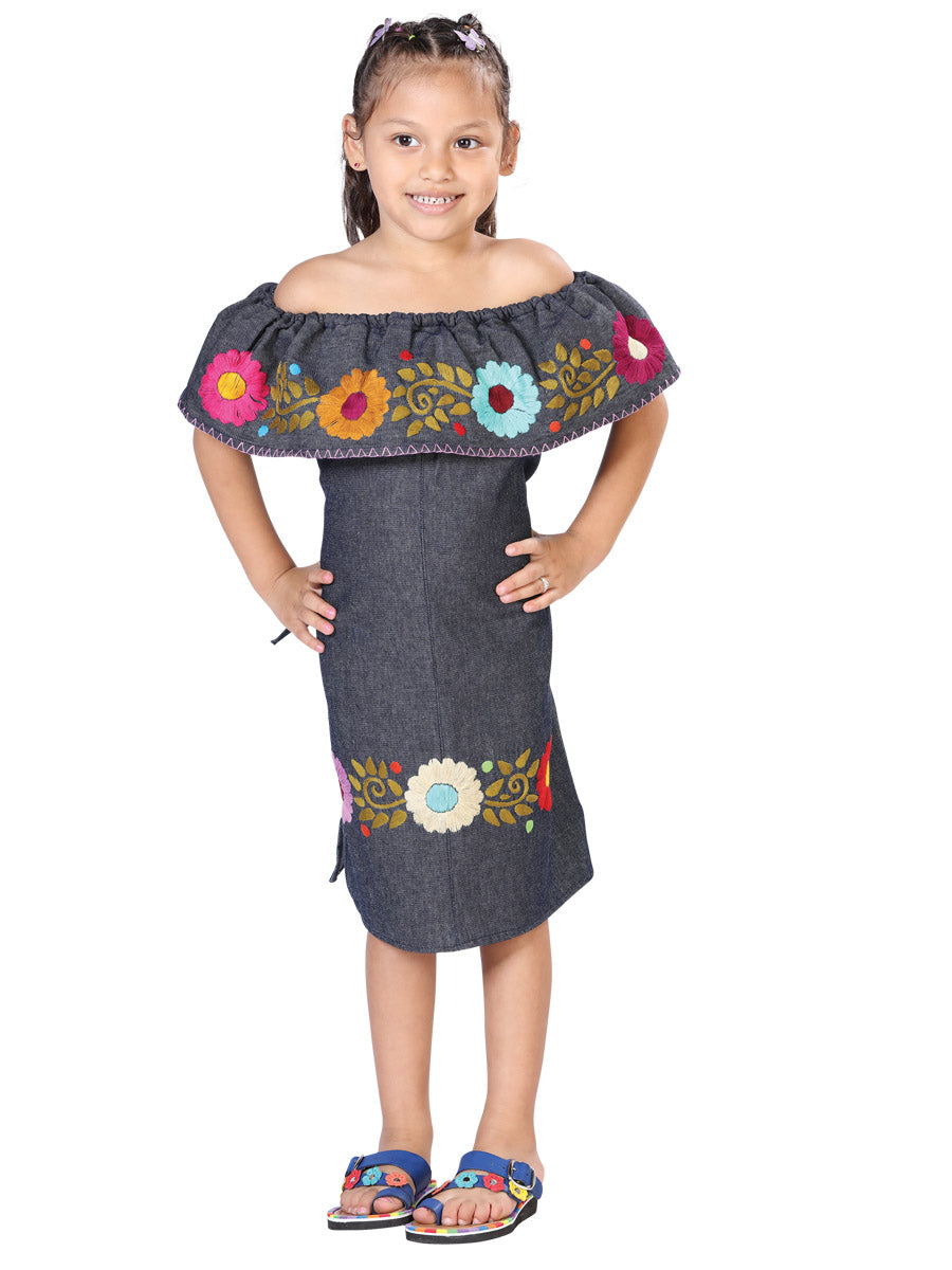 Artisanal Embroidered Dress % Cotton Denim Blue
