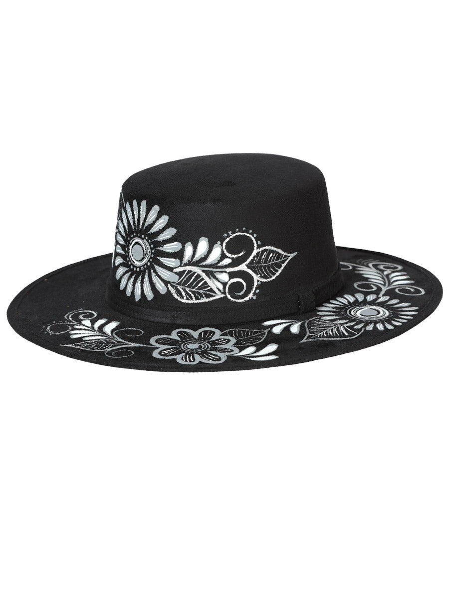 Artisanal Mexican Hand-Painted Flowers Hat Suede Black
