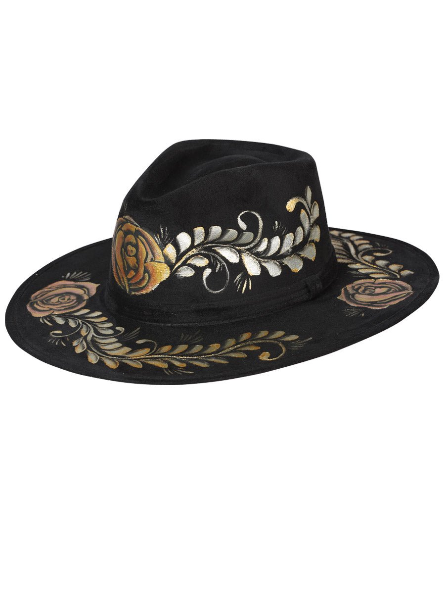 Artisanal Mexican Hand-Painted Hat Suede Black With Flowers