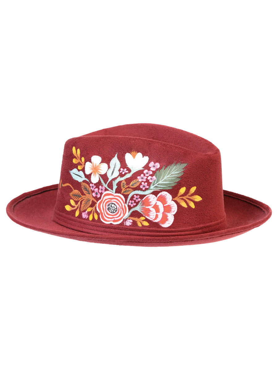 Artisanal Hand Painted Hat Suede Wine