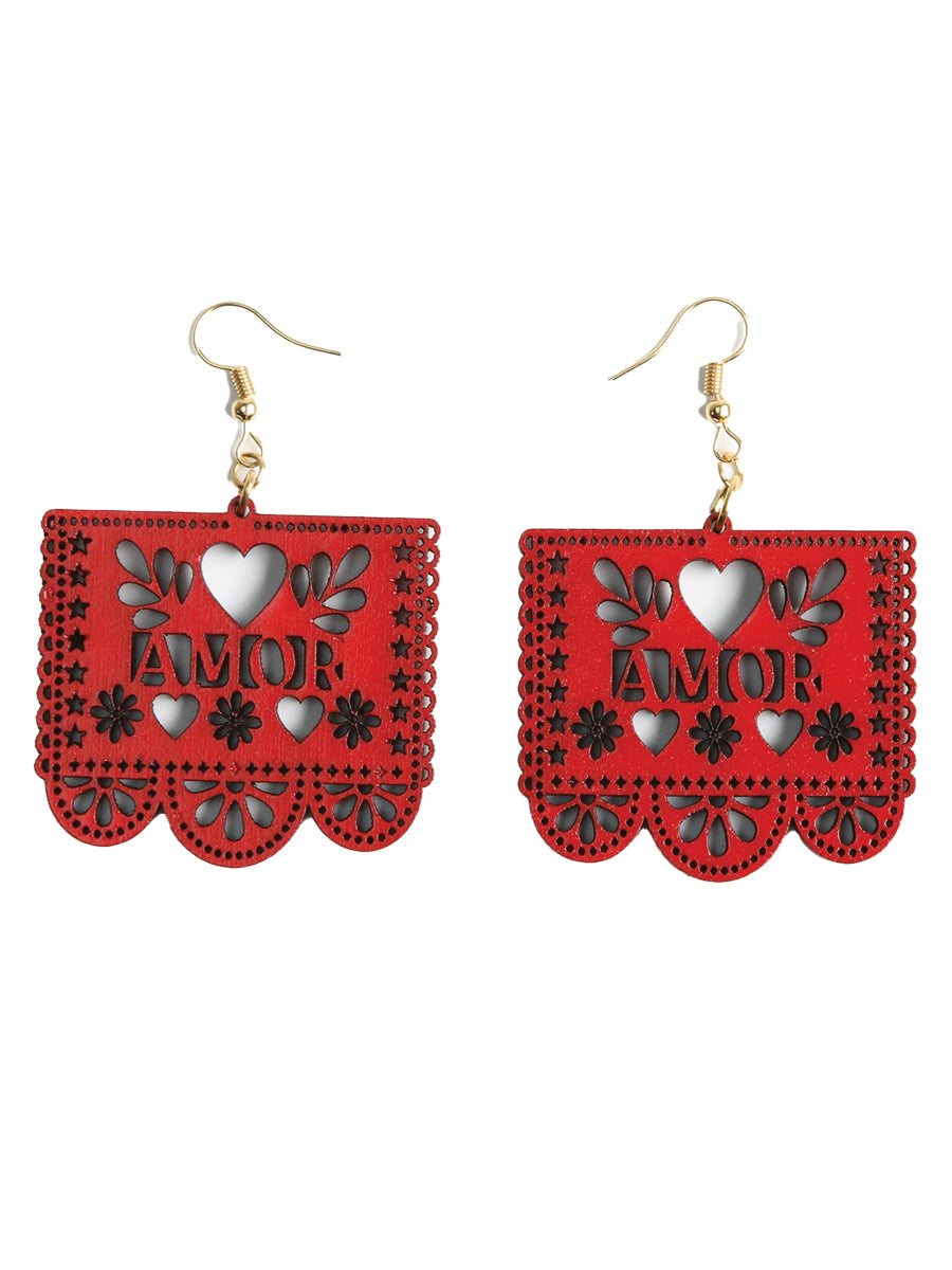Artisanal Handmade Earrings Wood Red Amor