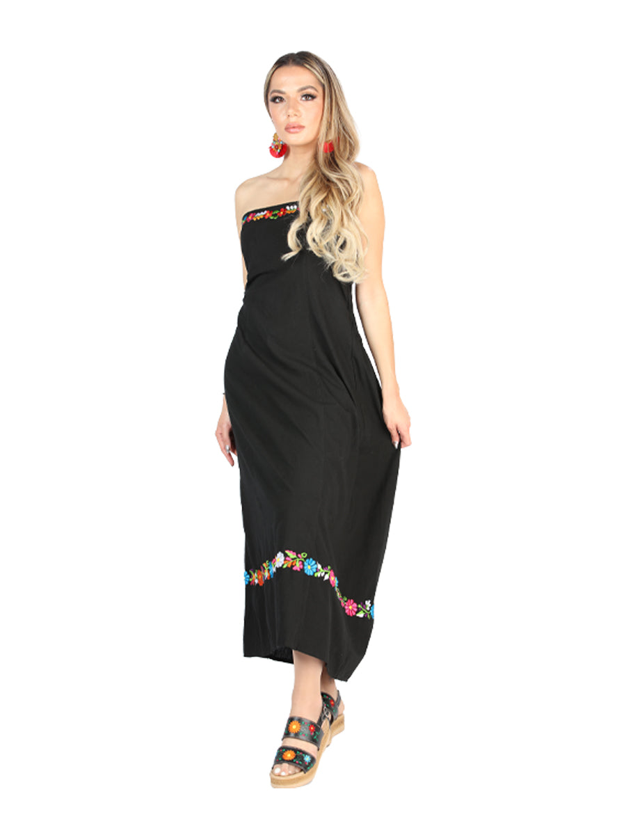 Artisanal Embroidered Dress Black Cotton